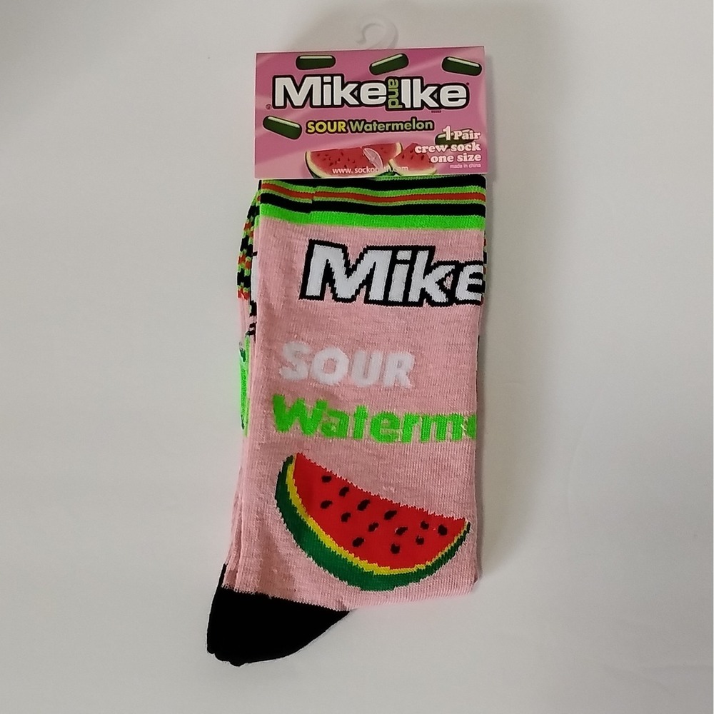 Mike and Ike Crew Novelty Socks Pink Green Black Red Fits Men's Size 8-12